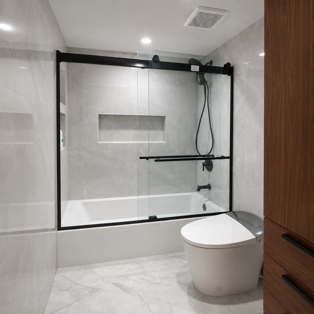 Frameless glass shower enclosure over tub, Miami