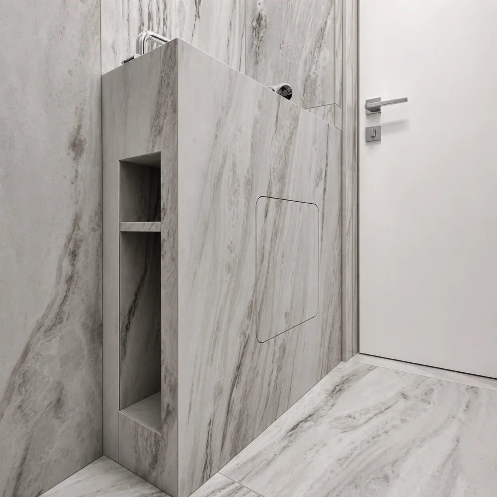 Built-in shower niche finished in matching porcelain slab, Miami