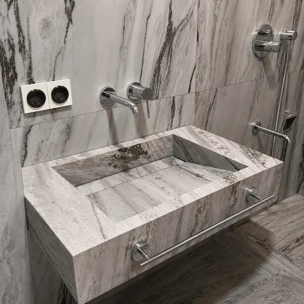 Basin cut from a single porcelain slab with mitered edges, Miami