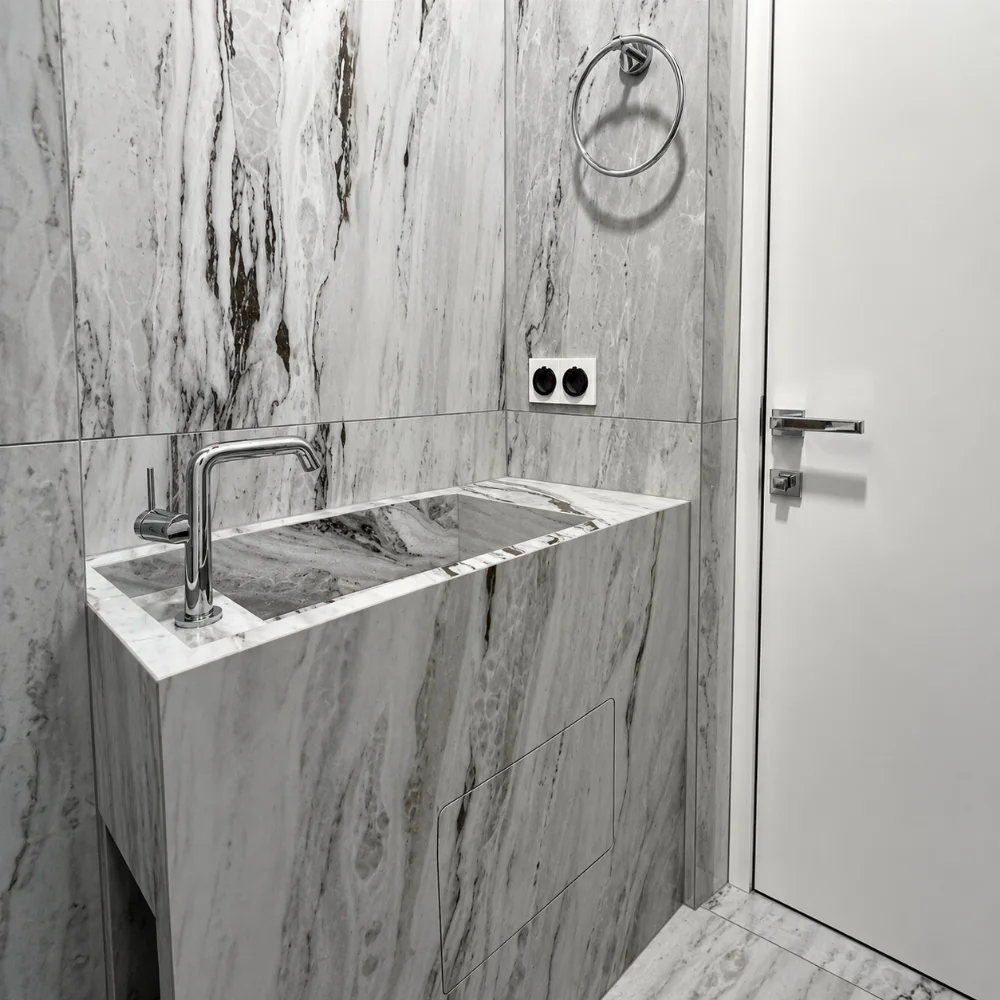 Wall-mounted porcelain slab vanity with book-matched veining, Miami