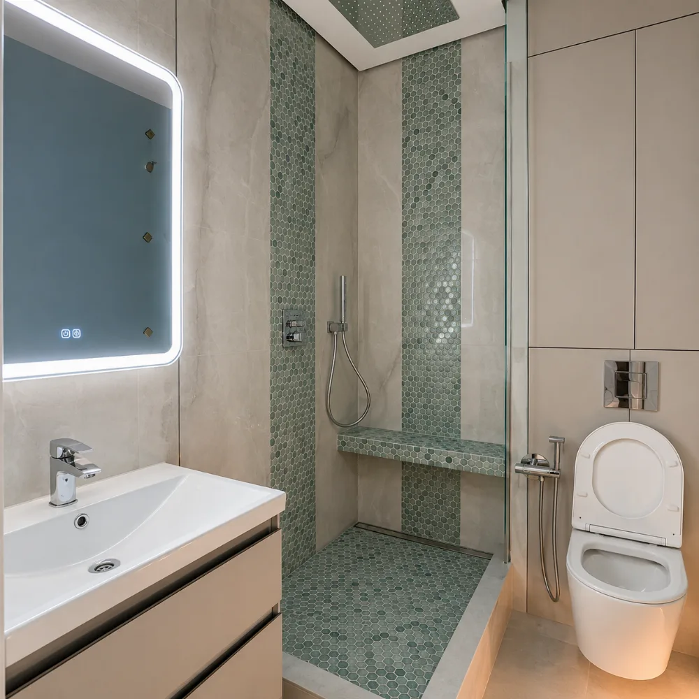 Walk-in shower with mosaic feature wall, Miami