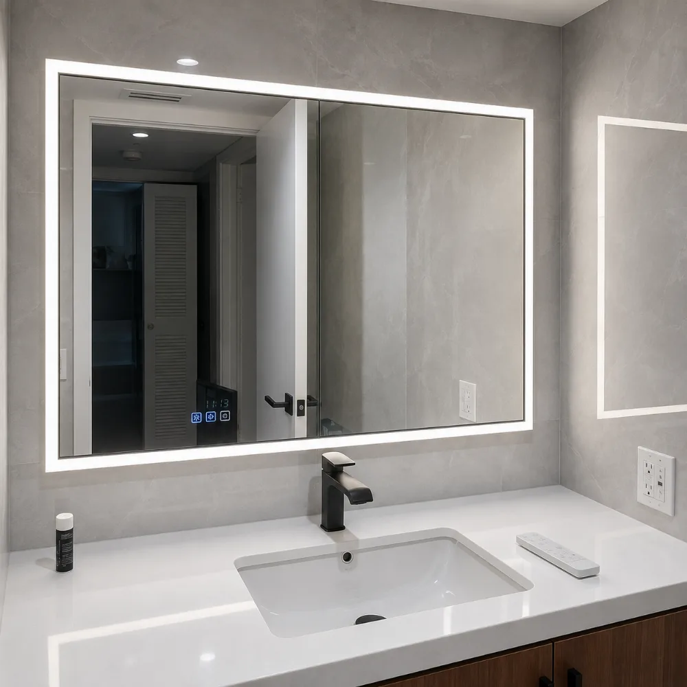 Floating vanity, stone counter and LED mirror, Miami